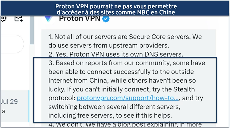 Une capture d'écran montrant l'équipe de support de Proton VPN confirmant que le VPN pourrait fonctionner en Chine