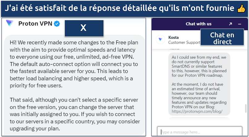 Capture d'écran montrant que l'équipe de support de Proton VPN fournit des réponses complètes et honnêtes aux demandes faites