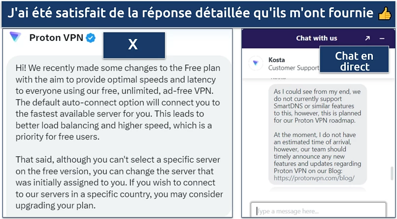 Capture d'écran montrant que l'équipe de support de Proton VPN fournit des réponses complètes et honnêtes aux demandes faites