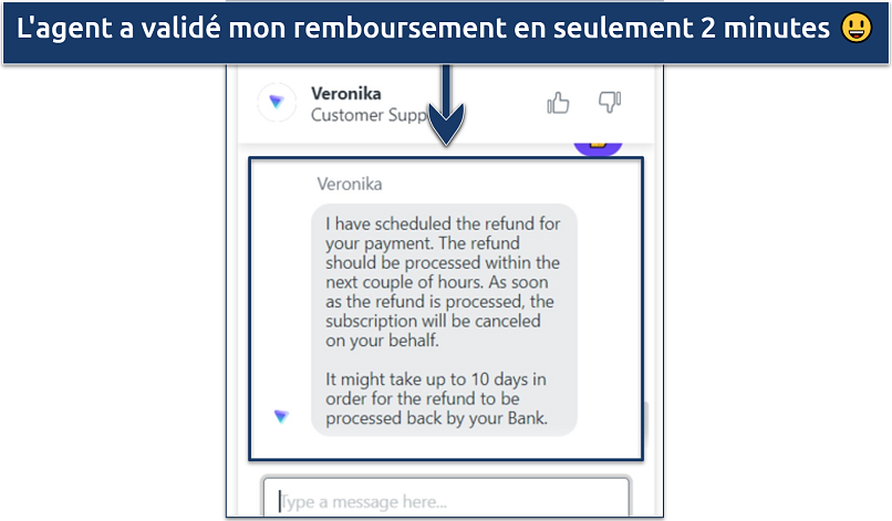 Une capture d'écran montrant comment annuler et demander un remboursement via la fonction de chat en direct de Proton VPN