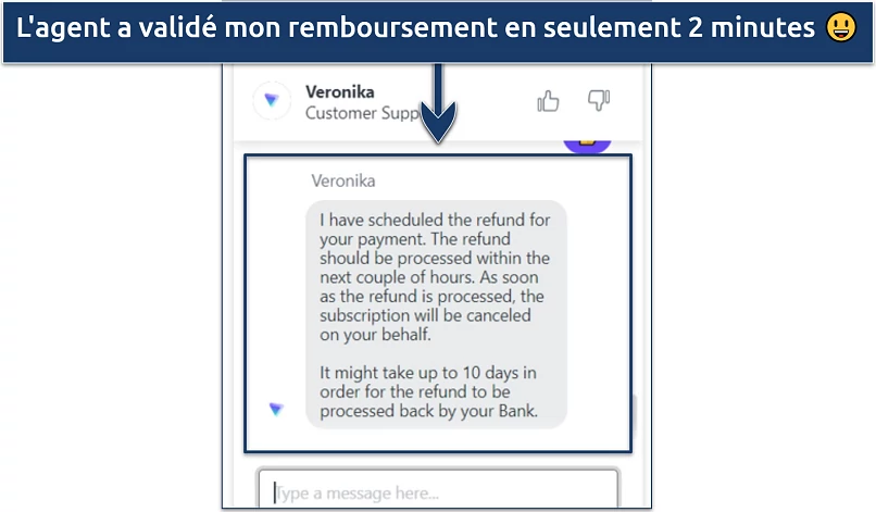 Une capture d'écran montrant comment annuler et demander un remboursement via la fonction de chat en direct de Proton VPN