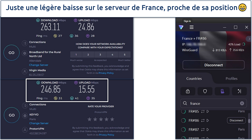 Une capture d'écran des tests de vitesse Ookla effectués en étant connecté au serveur de France de Proton et sans connexion VPN