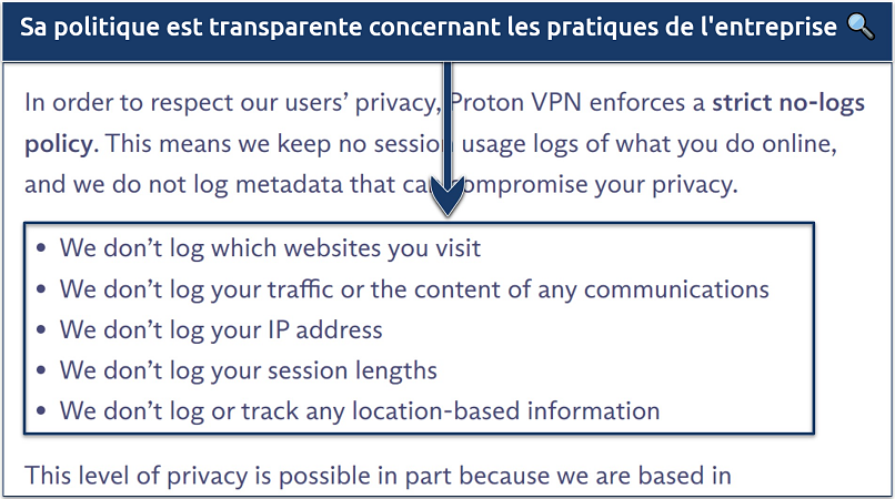 Une capture d'écran montrant que Proton VPN ne consigne pas d'informations sensibles comme l'adresse IP, les journaux de trafic et la durée des sessions