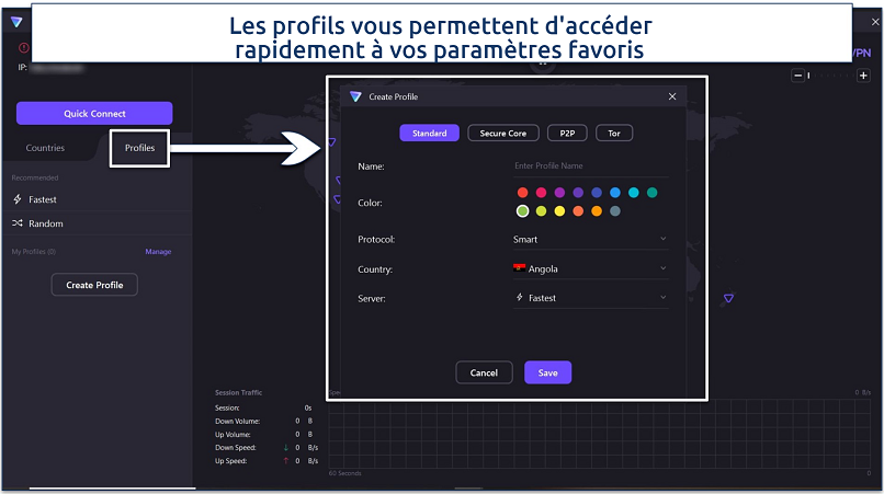 Capture d'écran de la fenêtre qui apparaît lorsque vous cliquez sur profils sur l'écran d'accueil de Proton VPN