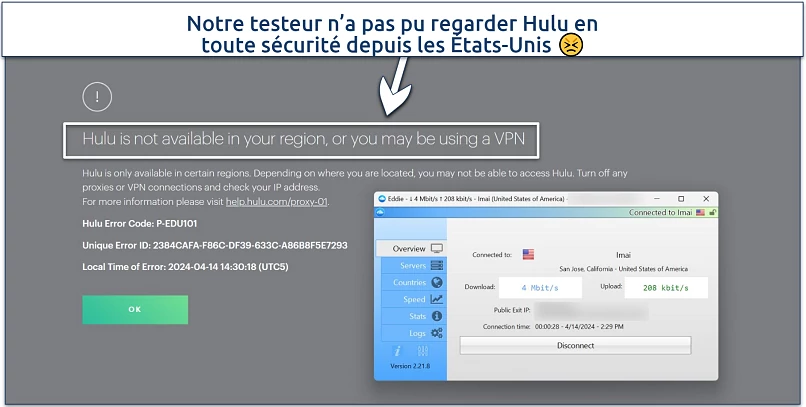 Screenshot of Hulu displaying an error message while we were connected to AirVPN's San Jose server 