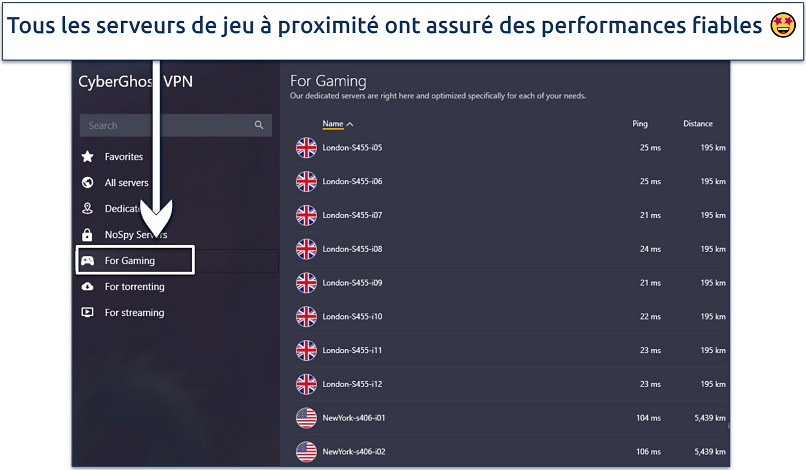 Capture d’écran des serveurs de jeu CyberGhost