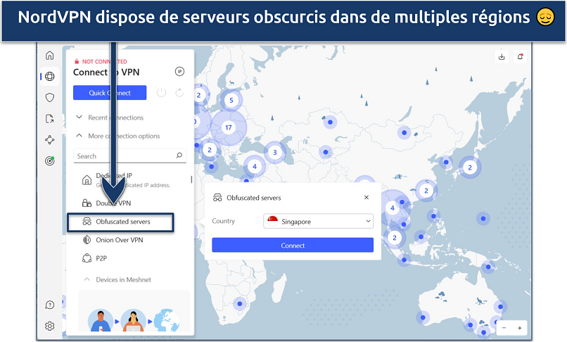 Capture d’écran montrant les serveurs obscurcis de NordVPN