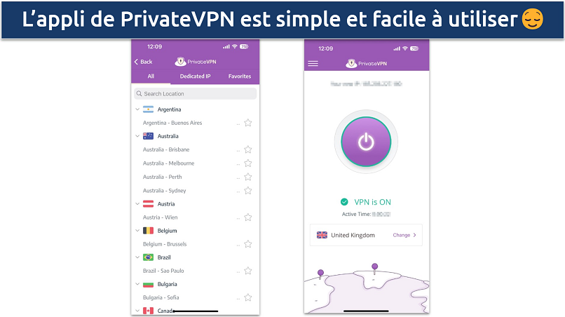 Screenshot of PrivateVPN's iOS app showing the simple home page and server lsit