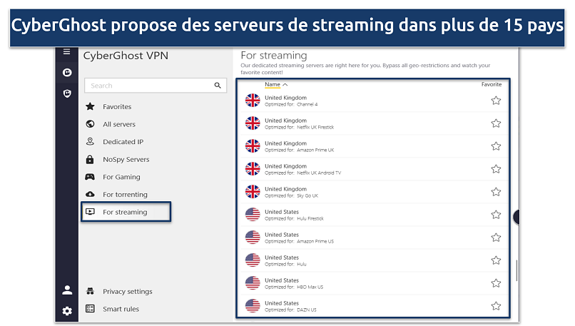 Screenshot showing a list of CyberGhost's streaming-optimized servers