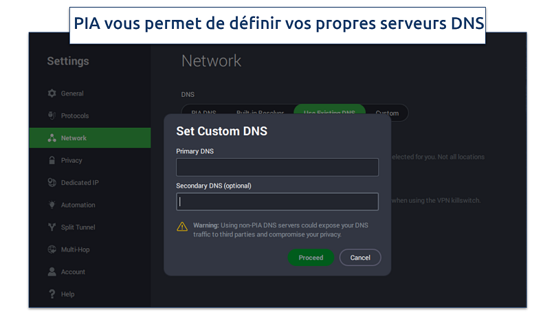 Image showing how to set custom DNS servers on PIA