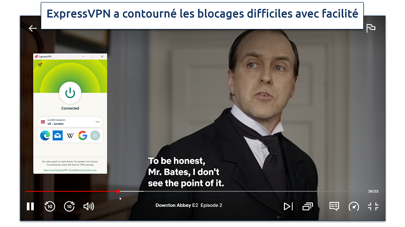 Screenshot of Downton Abbey streaming on Netflix with ExpressVPN connected