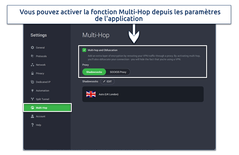 Screenshot showing how to enable PIA's Multi-Hop