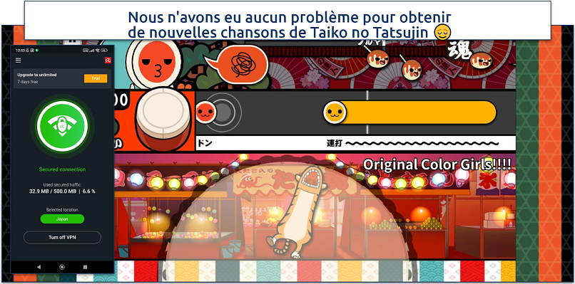 Screenshot of Taiko no Tatsujin gameplay with Avira Phantom VPN connected