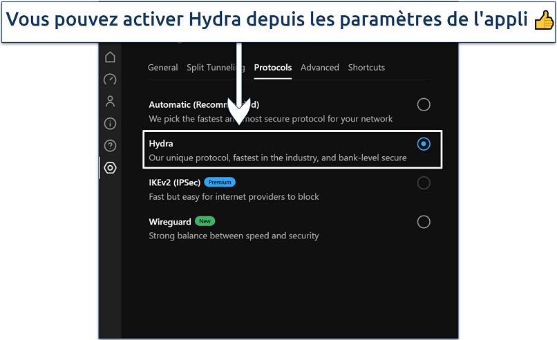 Capture d'écran montrant comment activer le protocole Hydra de hide.me