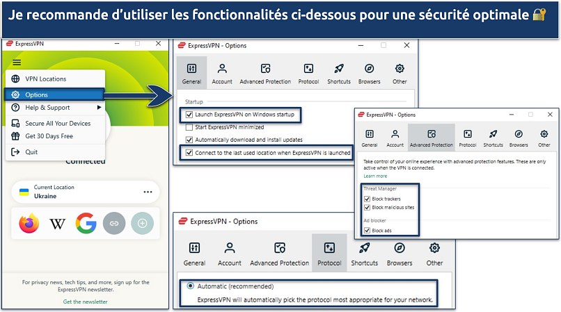 Capture d’écran montrant comment configurer ExpressVPN pour la sécurité.