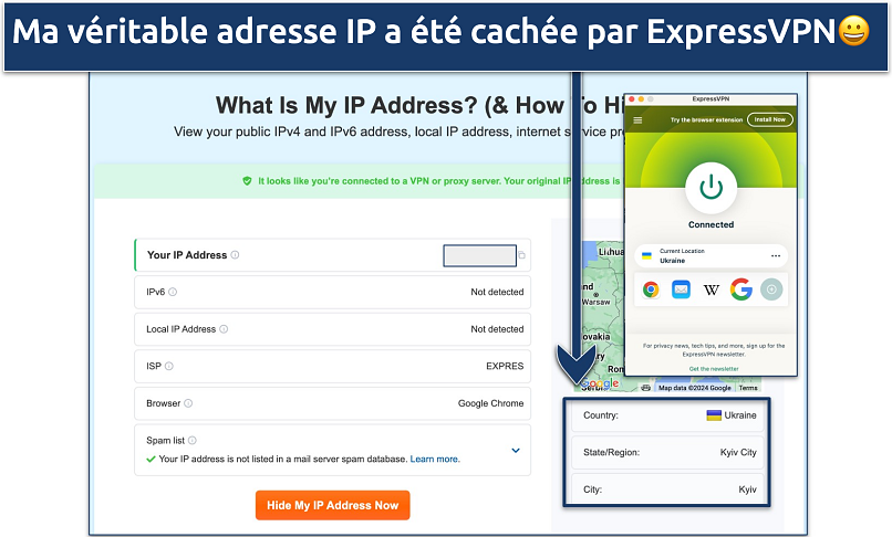 Capture d’écran montrant l’adresse IP et la localisation.