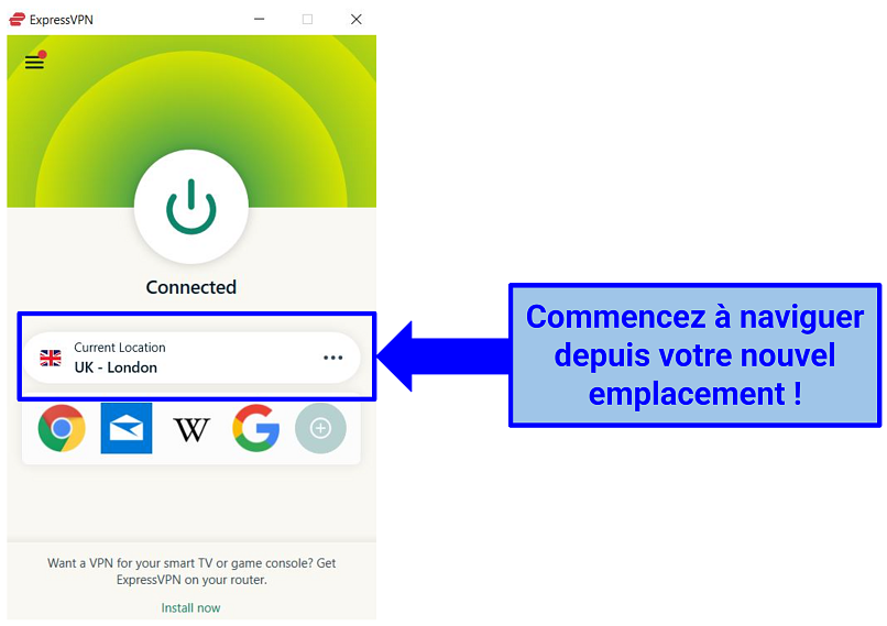Screenshot of ExpressVPN connected