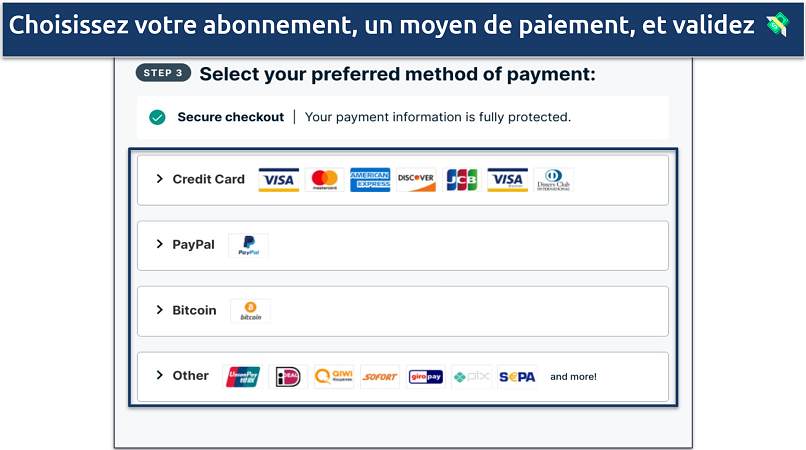 Capture d’écran de la page de paiement d’ExpressVPN montrant les options de paiement