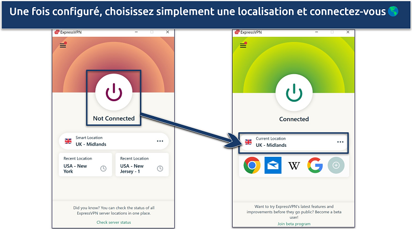 Capture d’écran de l’application Windows d’ExpressVPN connectée à un serveur au Royaume-Uni