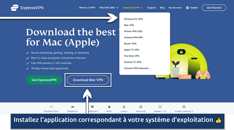 Capture d'écran montrant la page de téléchargement de l'application sur le site d'ExpressVPN