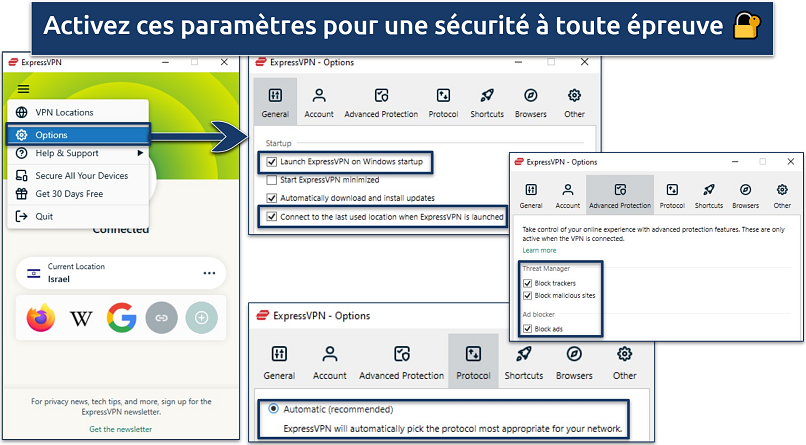 Capture d'écran montrant une variété de paramètres dans l'application ExpressVPN