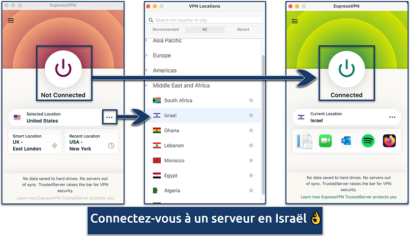 Capture d'écran montrant la liste des serveurs et l'application ExpressVPN