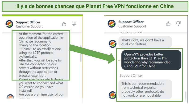 A screenshot showing customer support confirmed Planet VPN will work in China