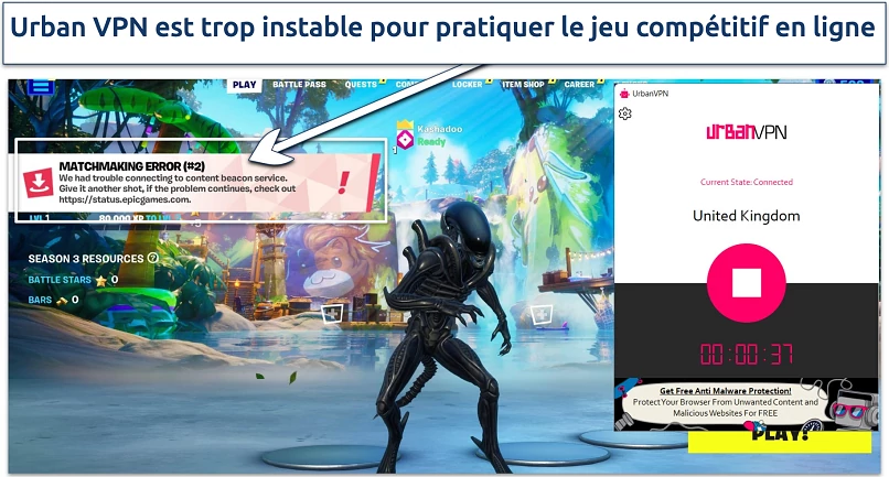 Screenshot of Urban VPN failing to work with Fortnite