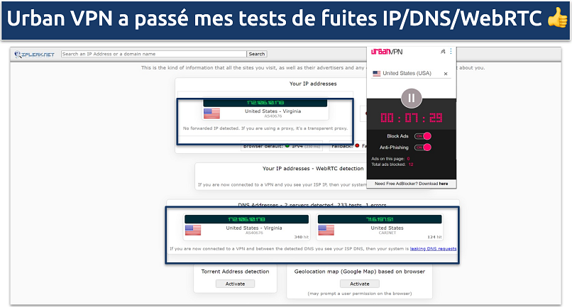 Screenshot of the Urban VPN extension leak tests