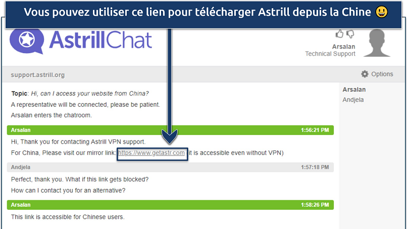 Screenshot showing Astill VPN live chat window with information about mirror links for China