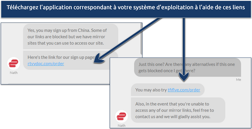 Screenshot showing a conversation with ExpressVPN live char support regarding its mirror URLs for China