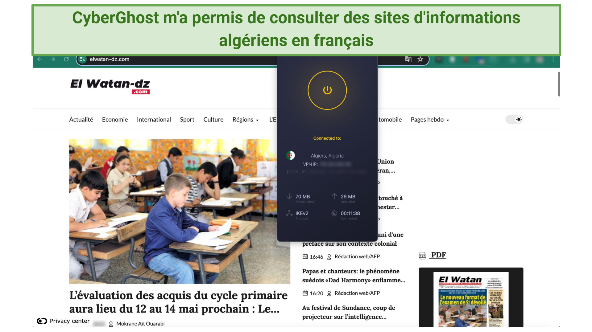 A screenshot of browsing news on El Watan with CyberGhost VPN connected to an Algerian server