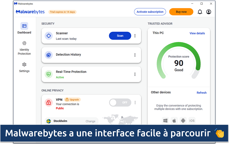 Une capture d’écran montrant l’interface simple et épurée de Malwarebytes