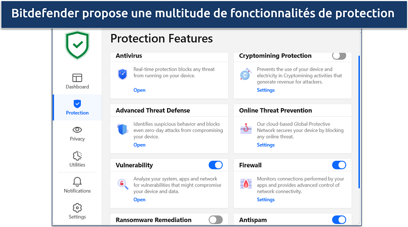 Capture d’écran montrant que Bitdefender propose une multitude de fonctionnalités de protection