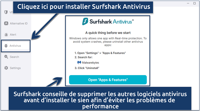 Une capture d’écran montrant le bouton initial à cliquer pour commencer le processus d’installation de Surfshark Antivirus, ainsi que les prérequis nécessaires