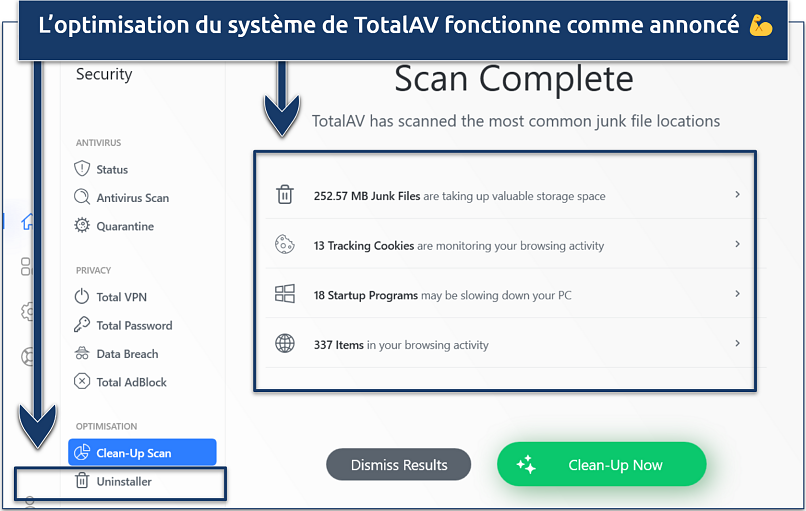 Une capture d’écran montrant que les outils d’optimisation de TotalAV fonctionnent comme annoncé