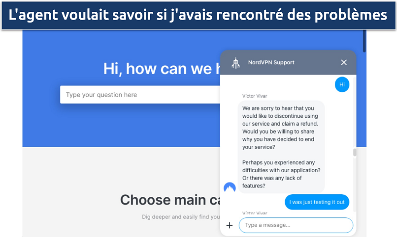 Screenshot of a conversation with NordVPN agent during the refund request