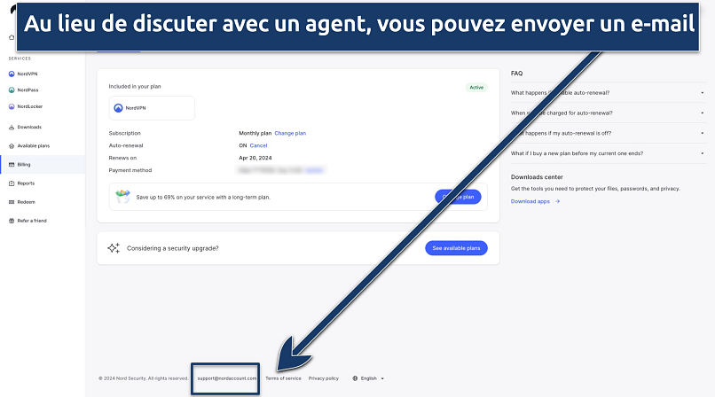 Screenshot of the NordVPN user account and customer support email address