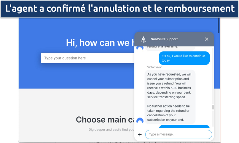 Screenshot of NordVPN refund confirmation in the chatbox