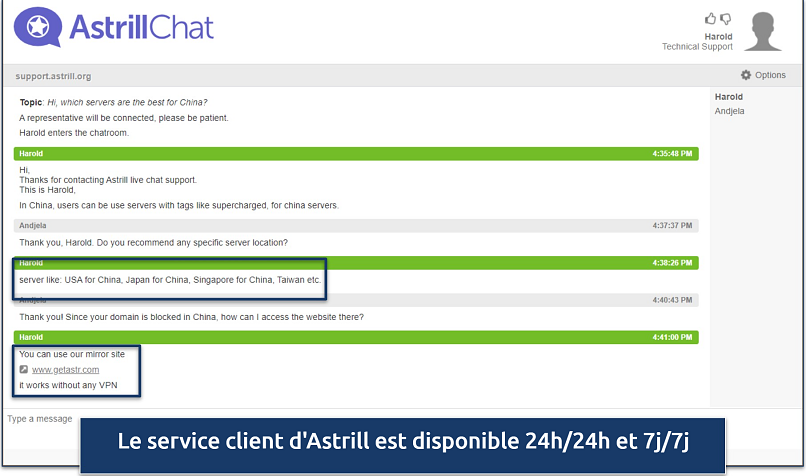 Screenshot of a conversation with Astrill live chat support regarding VPN use in China