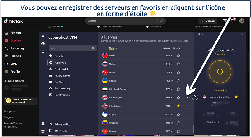 Screenshot of TikTok's explore page with CyberGhost connected to the US