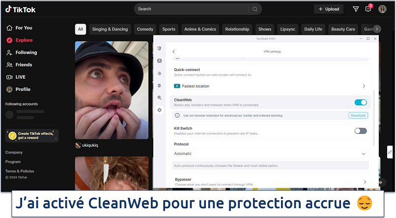 Screenshot of TikTok's Explore page with Surfshark's VPN settings visible