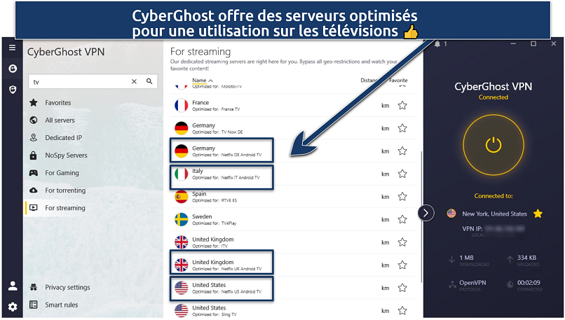 Screenshot of CyberGhost's list of servers optimized for streaming on an Android TV