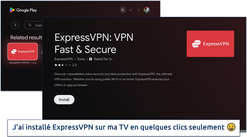 Screenshot of ExpressVPN's smart TV app in Google Play Store for Android TV