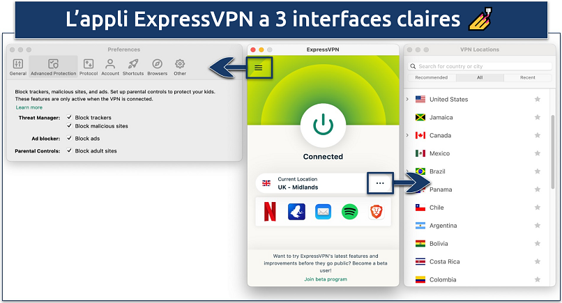 Screenshot showing the 3 interfaces of the ExpressVPN app