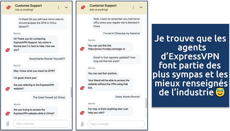 Screenshot showing a chat with the ExpressVPN customer service