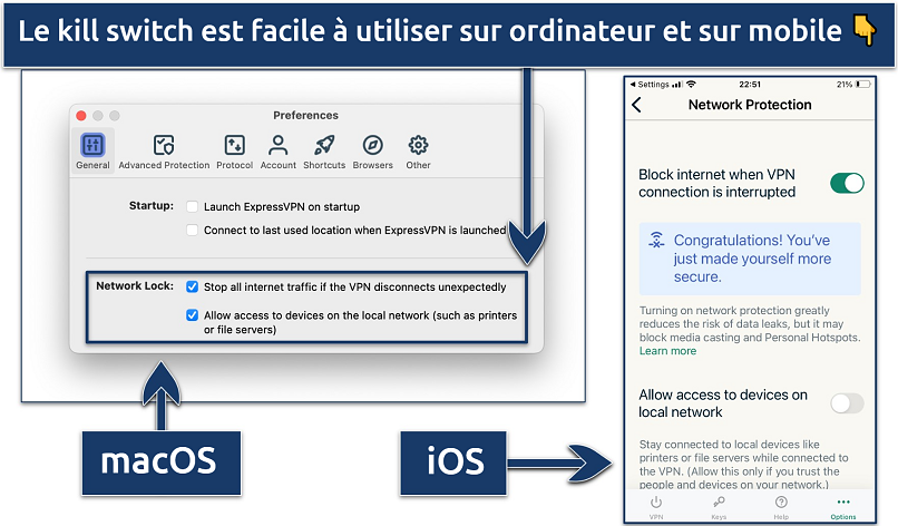 Screenshot showing how to activate the kill switch on ExpressVPN's desktop and mobile apps