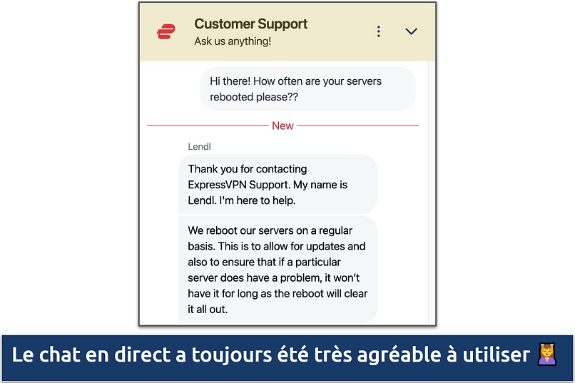 Screenshot showing a chat with the ExpressVPN Customer Support team