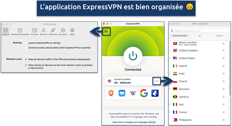 Capture d’écran montrant les 3 vues principales de l’application ExpressVPN