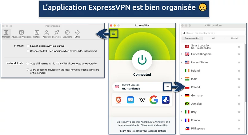 Capture d’écran montrant les 3 vues principales de l’application ExpressVPN